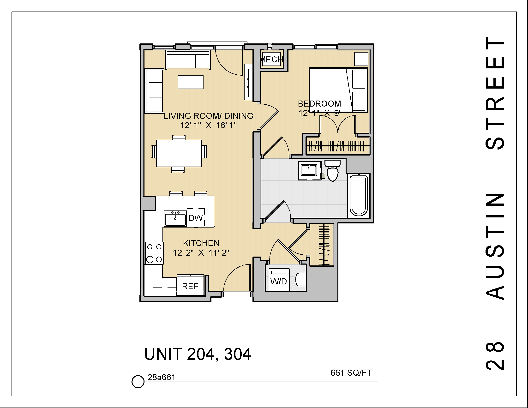 Floor plan for 1 bed, 1 bath, 661 sqft
